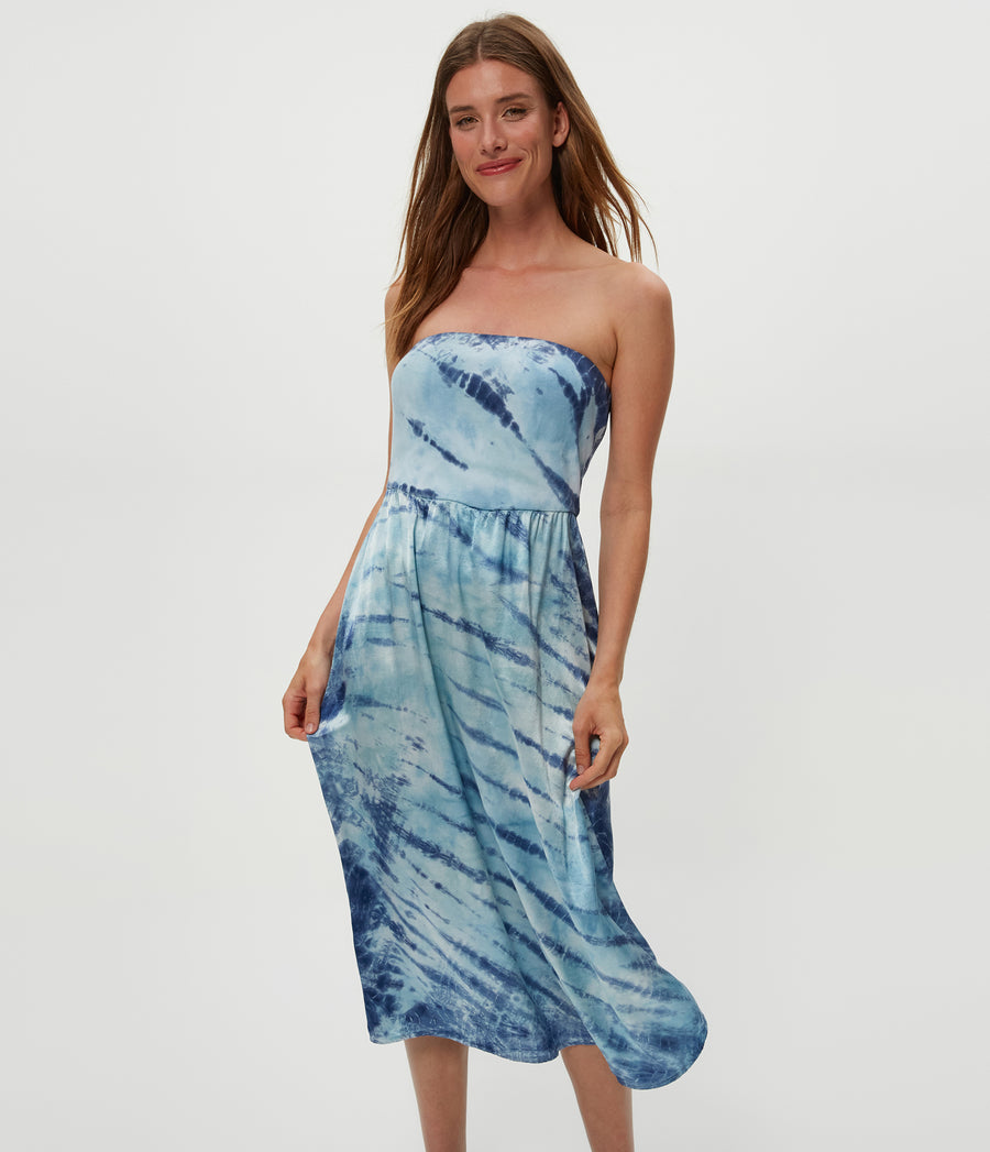 Solange Satin Double Dye Midi Dress in LIGHT BLUE COMBO Close up View #LIGHT BLUE COMBO