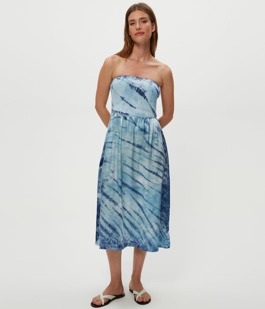 Solange Satin Double Dye Midi Dress in LIGHT BLUE COMBO Full Body View #LIGHT BLUE COMBO