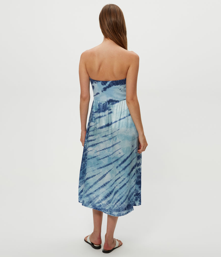 Solange Satin Double Dye Midi Dress in LIGHT BLUE COMBO Back View #LIGHT BLUE COMBO