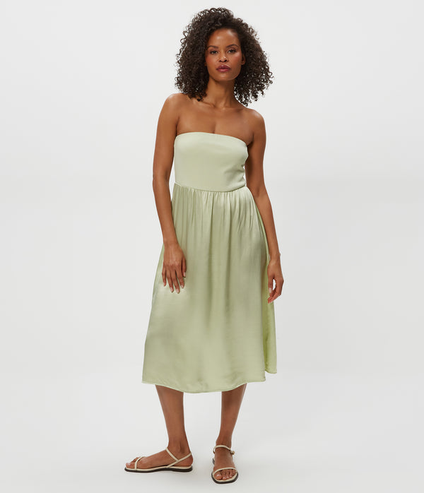 Solange Satin Midi Dress in Celery GREEN Full Body View #CELERY