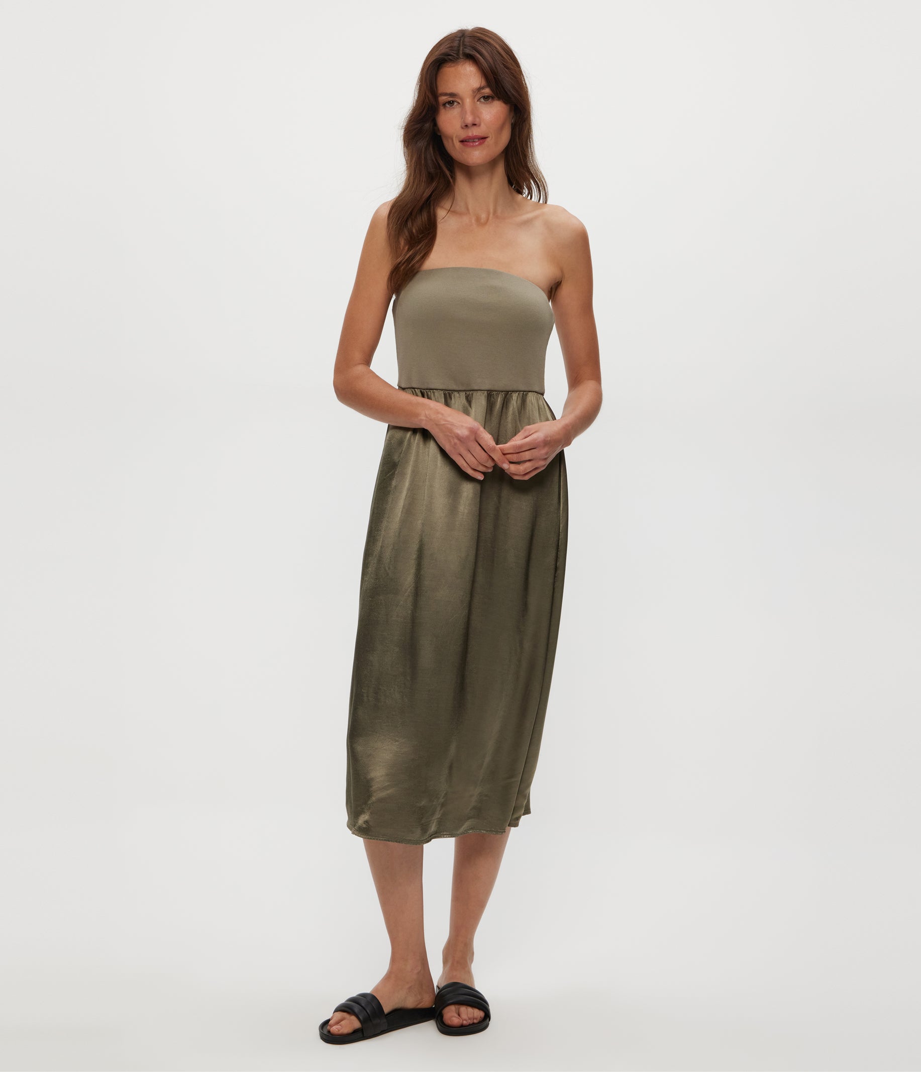 Women's Solange Satin Midi Dress - Olive - Size M - Michael Stars Women's Solange Satin Midi Dress - Olive - Size M - Michael Stars