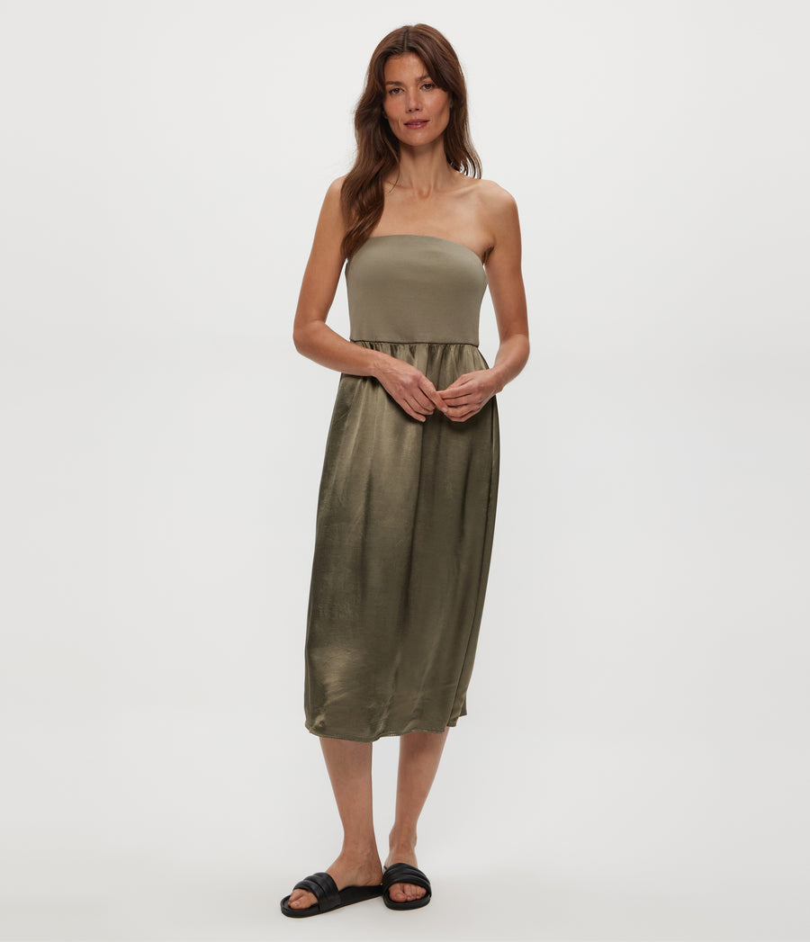 SKYLER MIDI DRESS in Olive Green Close Up View #OLIVE