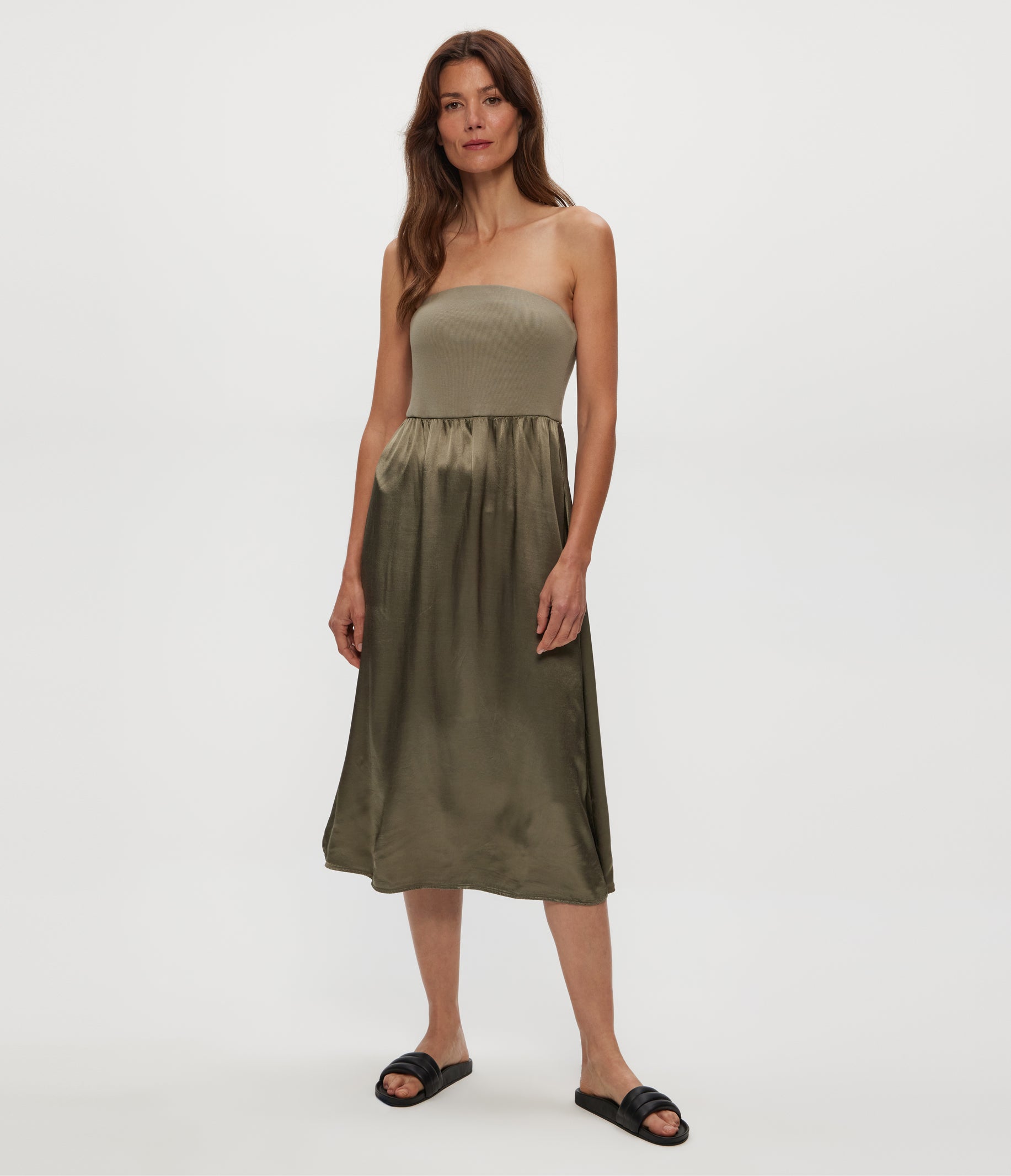 Women's Solange Satin Midi Dress - Olive - Size M - Michael Stars Women's Solange Satin Midi Dress - Olive - Size M - Michael Stars