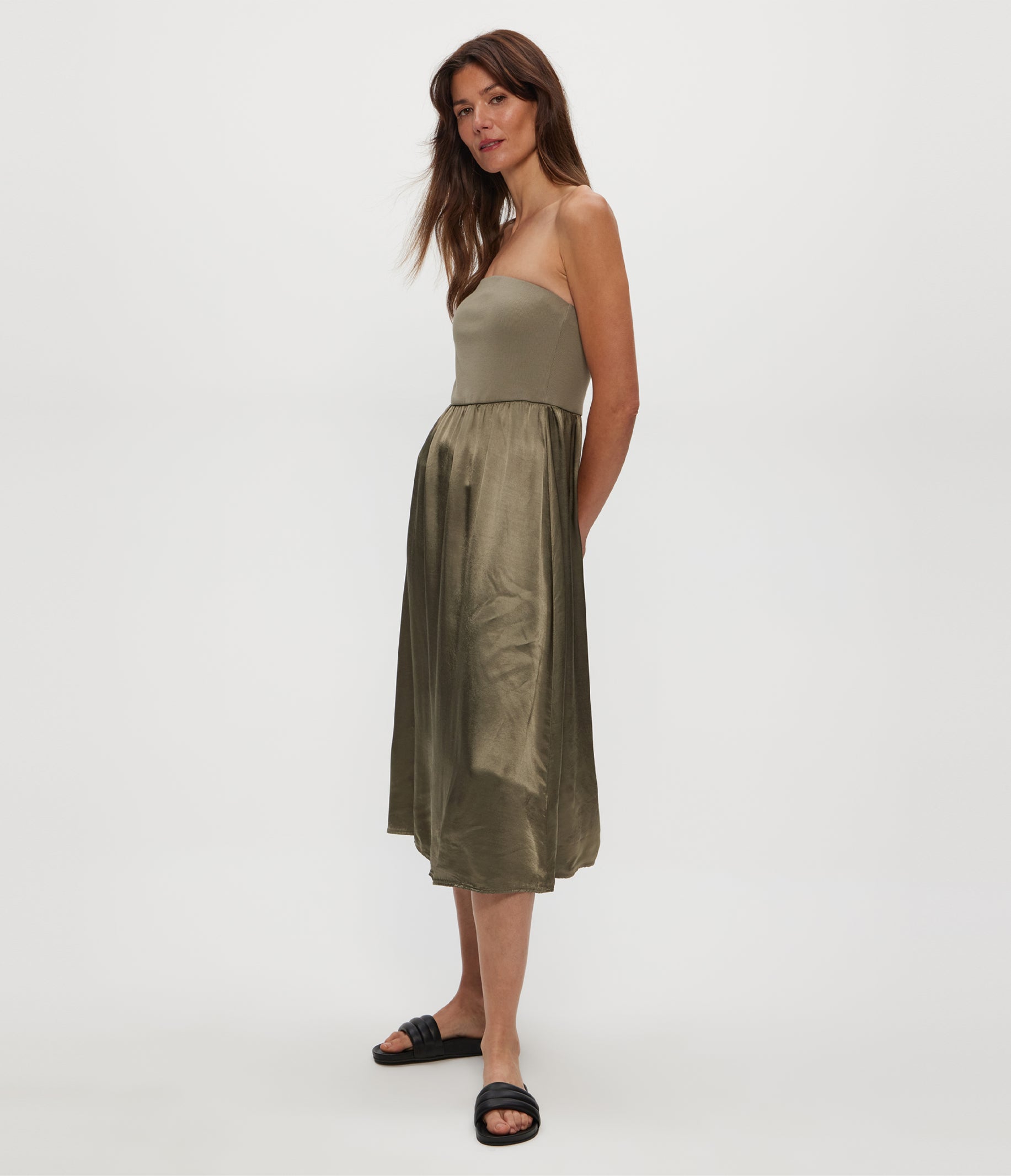 Women's Solange Satin Midi Dress - Olive - Size M - Michael Stars Women's Solange Satin Midi Dress - Olive - Size M - Michael Stars