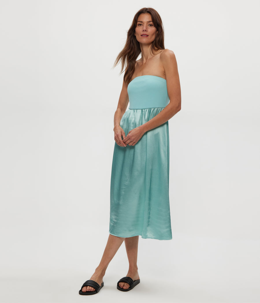 SKYLER MIDI DRESS in SERENE BLUE Close Up View #SERENE
