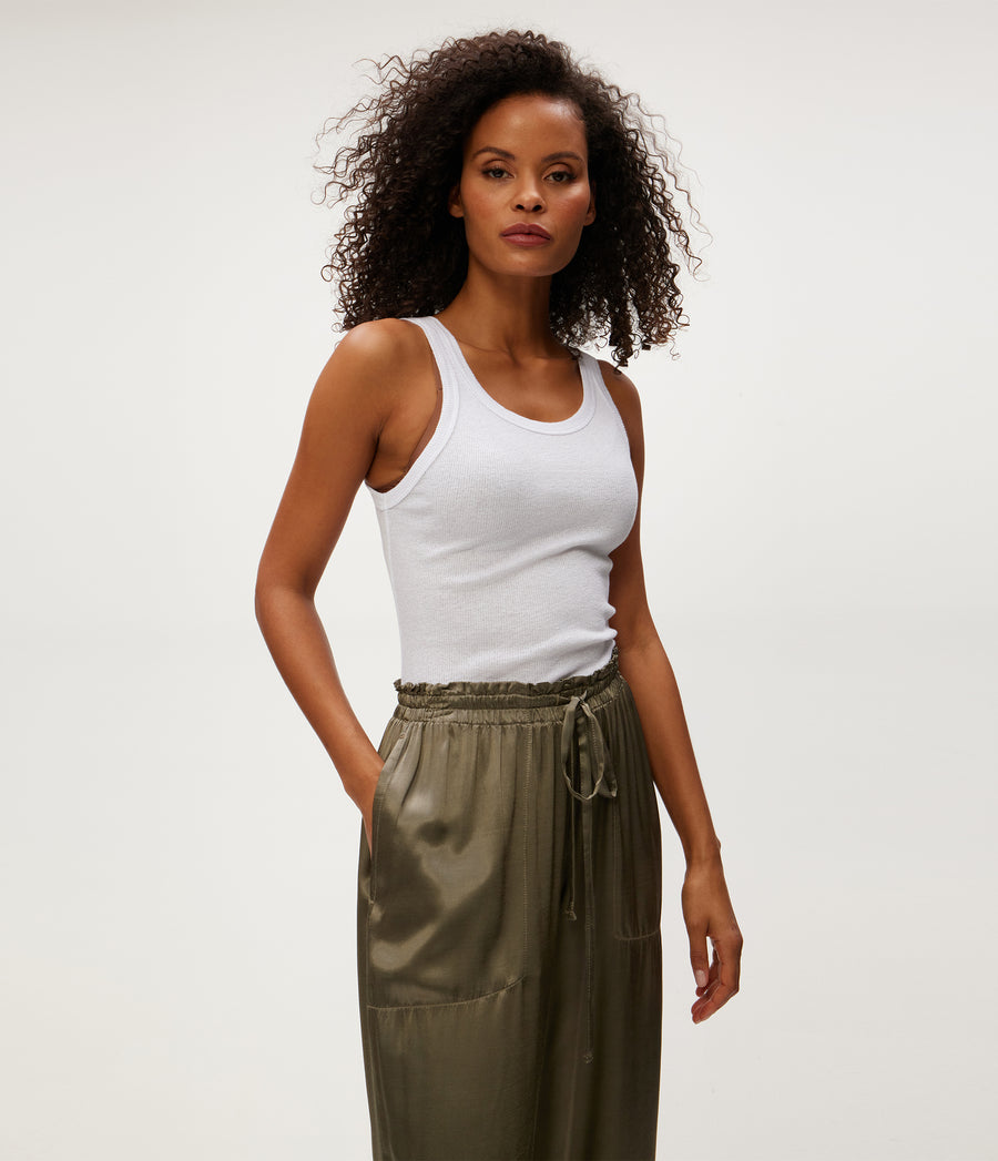 Pixie Satin Jogger in Olive Green Close Up View #OLIVE