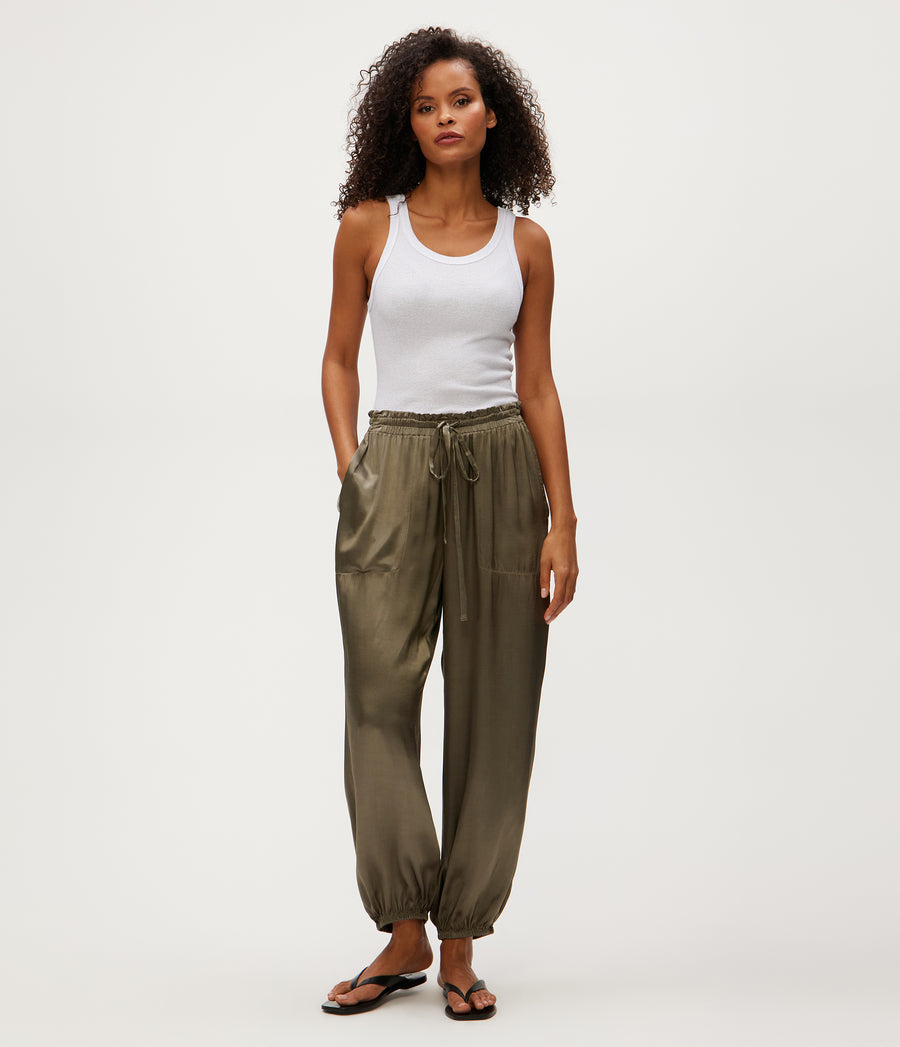 Pixie Satin Jogger in Olive Green Full Body View #OLIVE