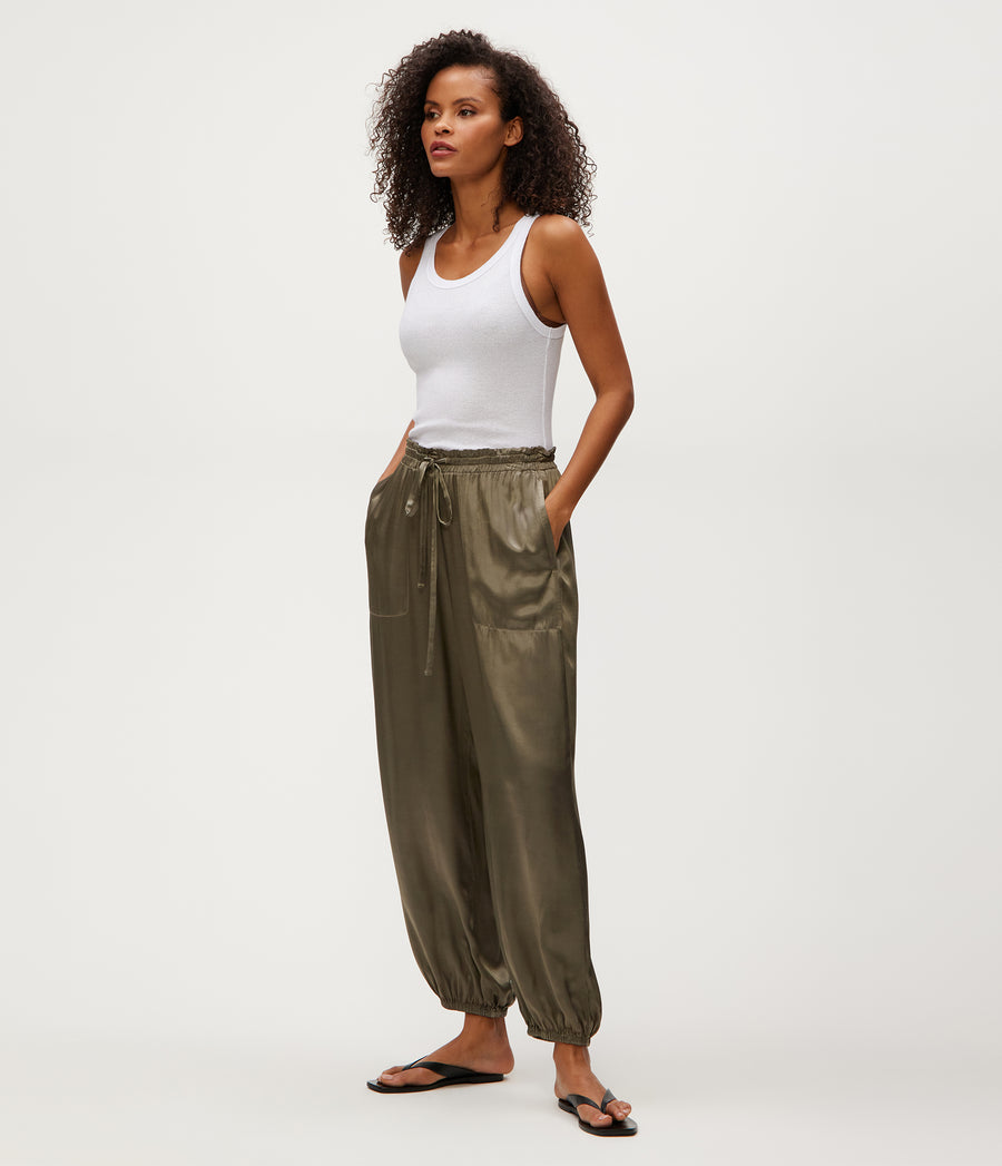 Pixie Satin Jogger in Olive Green Side View #OLIVE