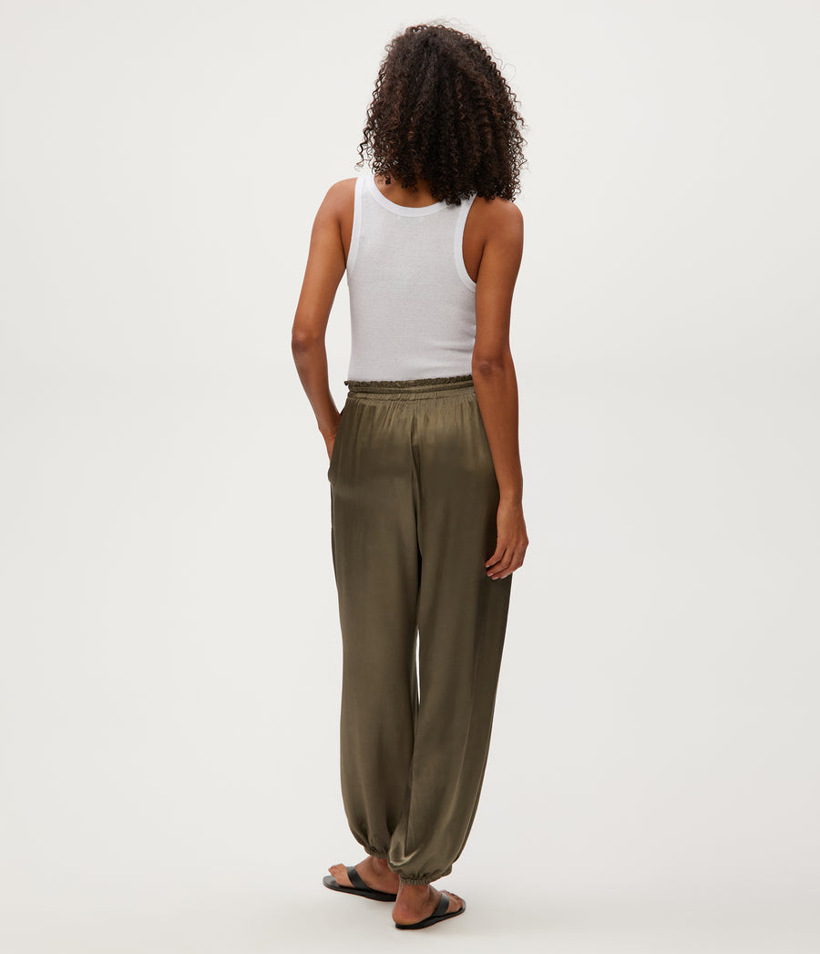Pixie Satin Jogger in Olive Green Back View #OLIVE