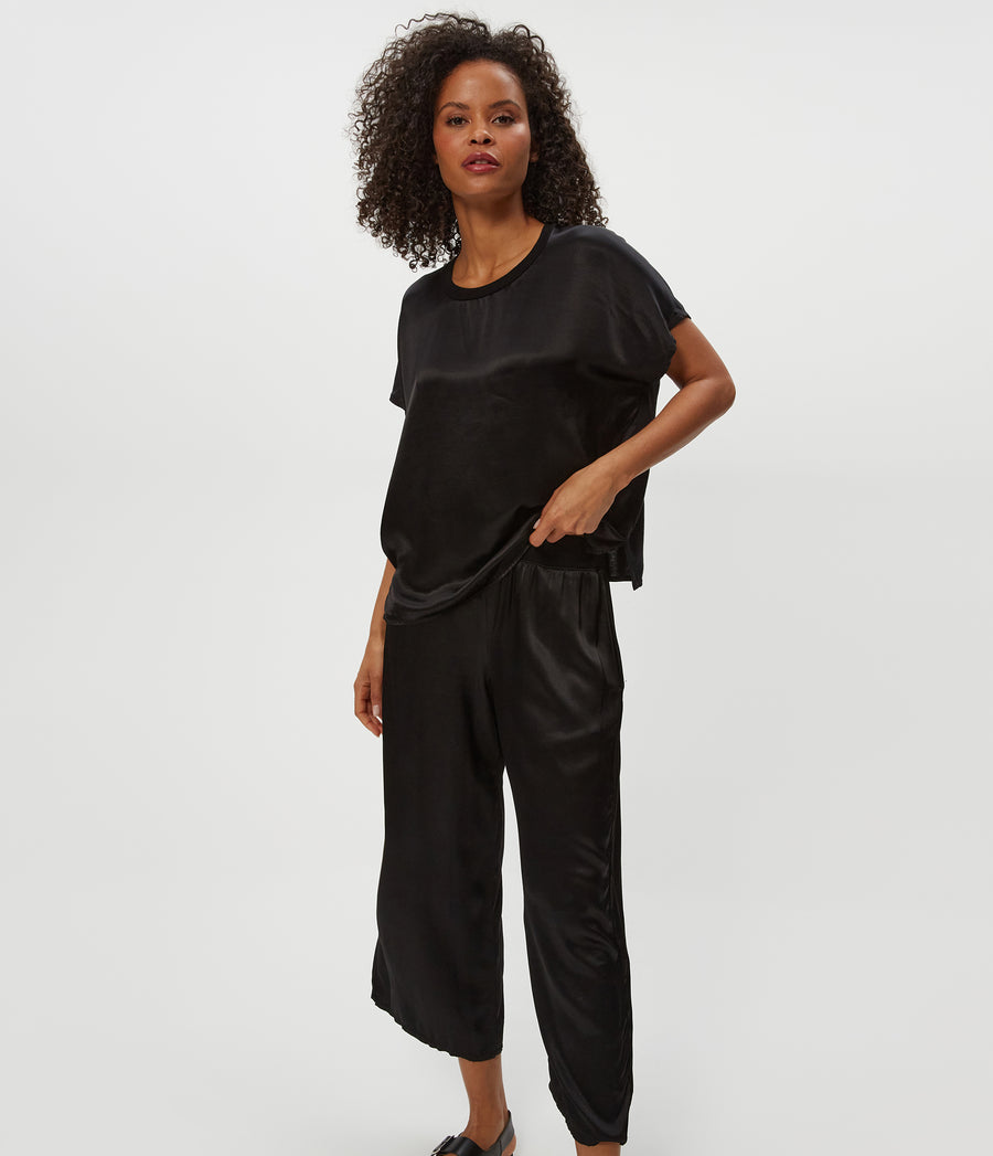 Sacha Satin Cropped Pant in Black Close up View #BLACK