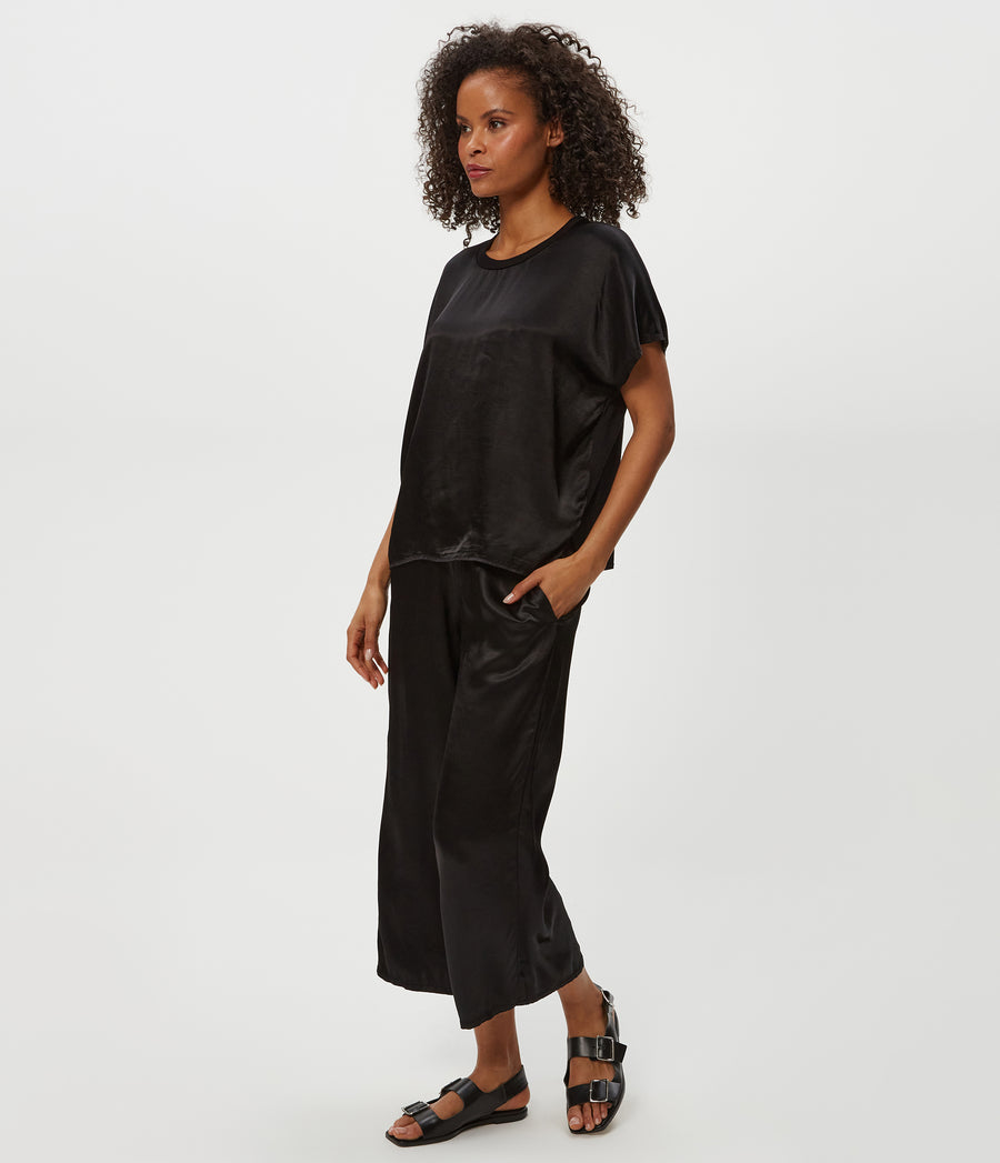 Sacha Satin Cropped Pant in Black Side View #BLACK