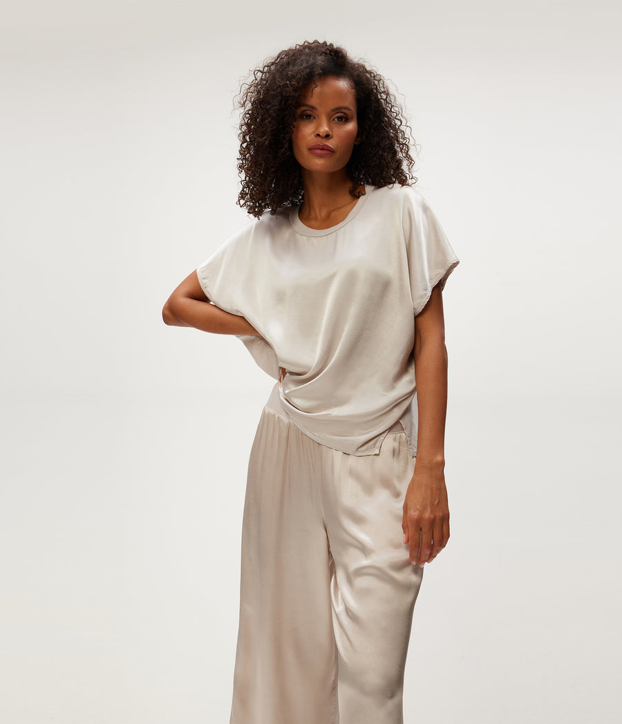 Sacha Satin Cropped Pant in Cement  Close Up View #CEMENT
