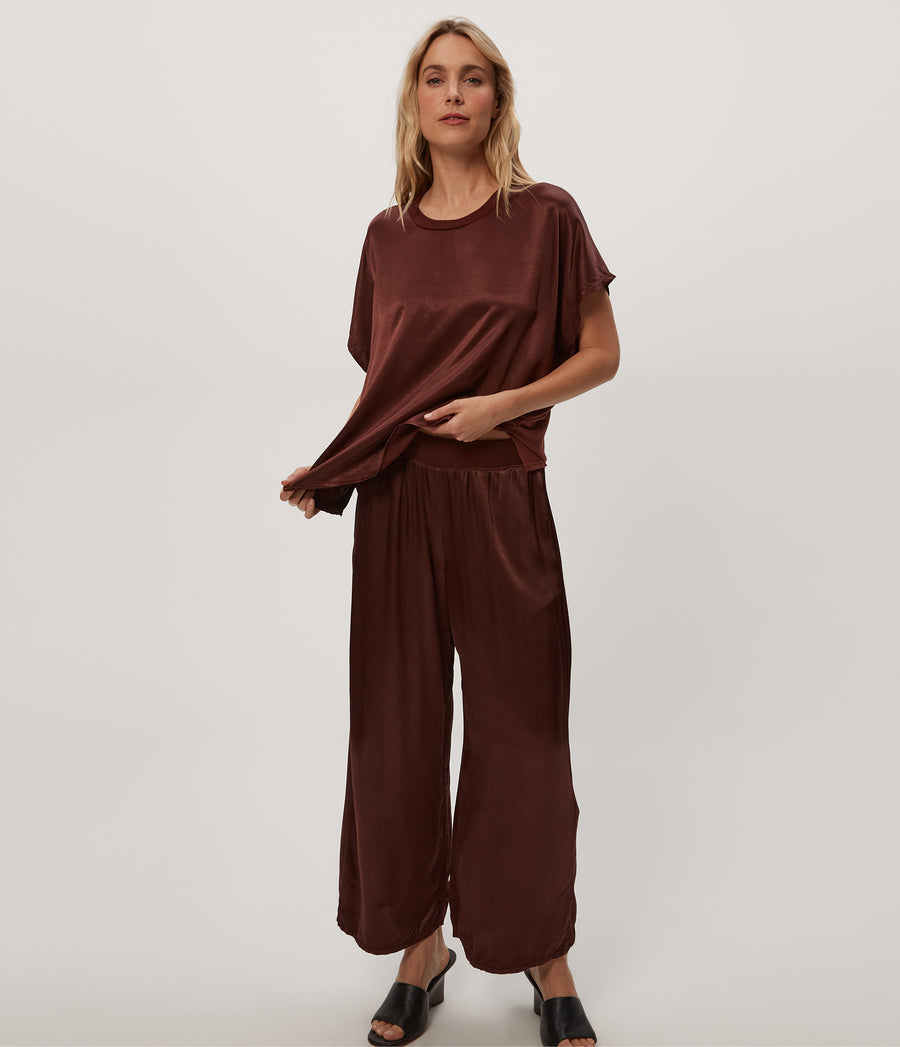 Sacha Satin Cropped Pantin ESPRESSO Brown Close Up View #ESPRESSO