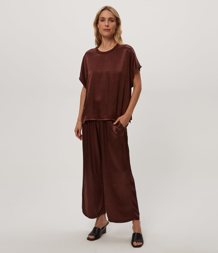 Sacha Satin Cropped Pant in ESPRESSO Brown Full Body View #ESPRESSO