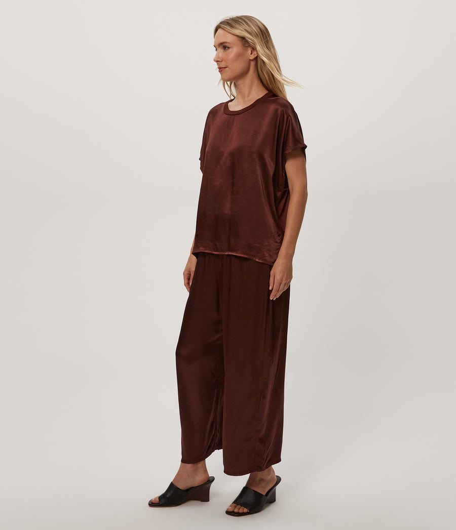 Sacha Satin Cropped Pant in ESPRESSO Brown Side View #ESPRESSO