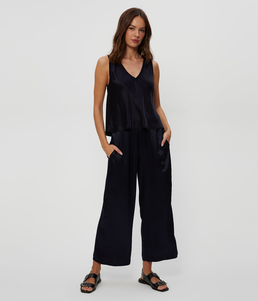 Sacha Satin Cropped Pant in Nocturnal Blue Full Body View #NOCTURNAL