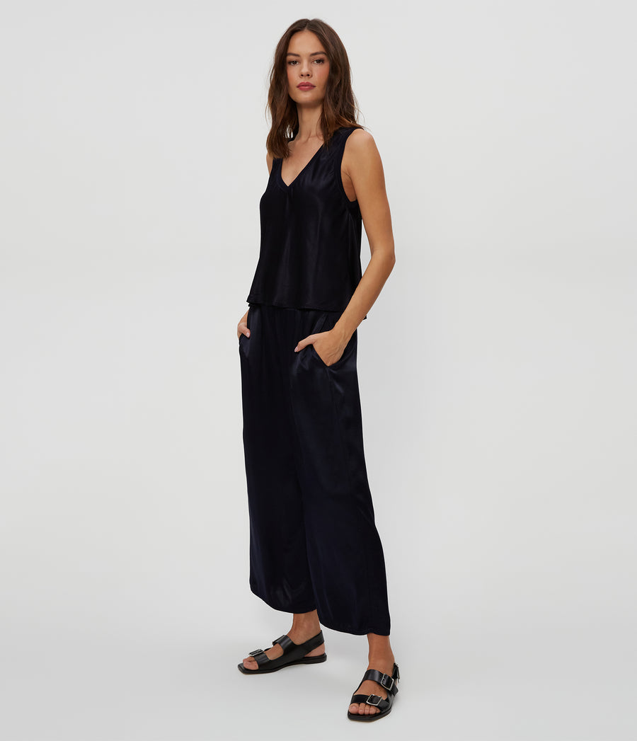 Sacha Satin Cropped Pant in Nocturnal Blue Side View #NOCTURNAL