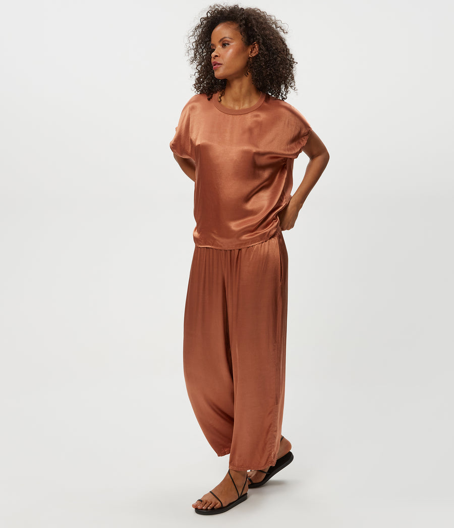 Sacha Satin Cropped Pant in TERRA Orange Full Body View #TERRA