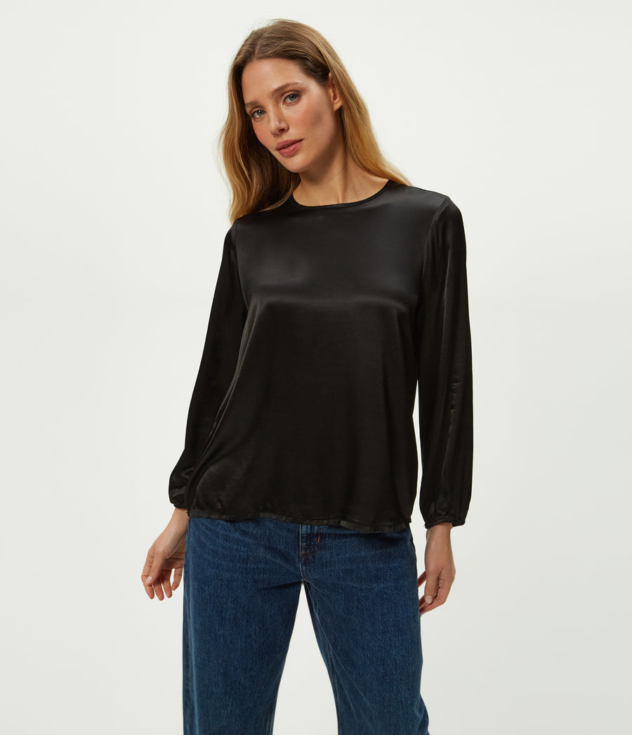 Lali Satin Crewneck Top in Black Close up View #BLACK
