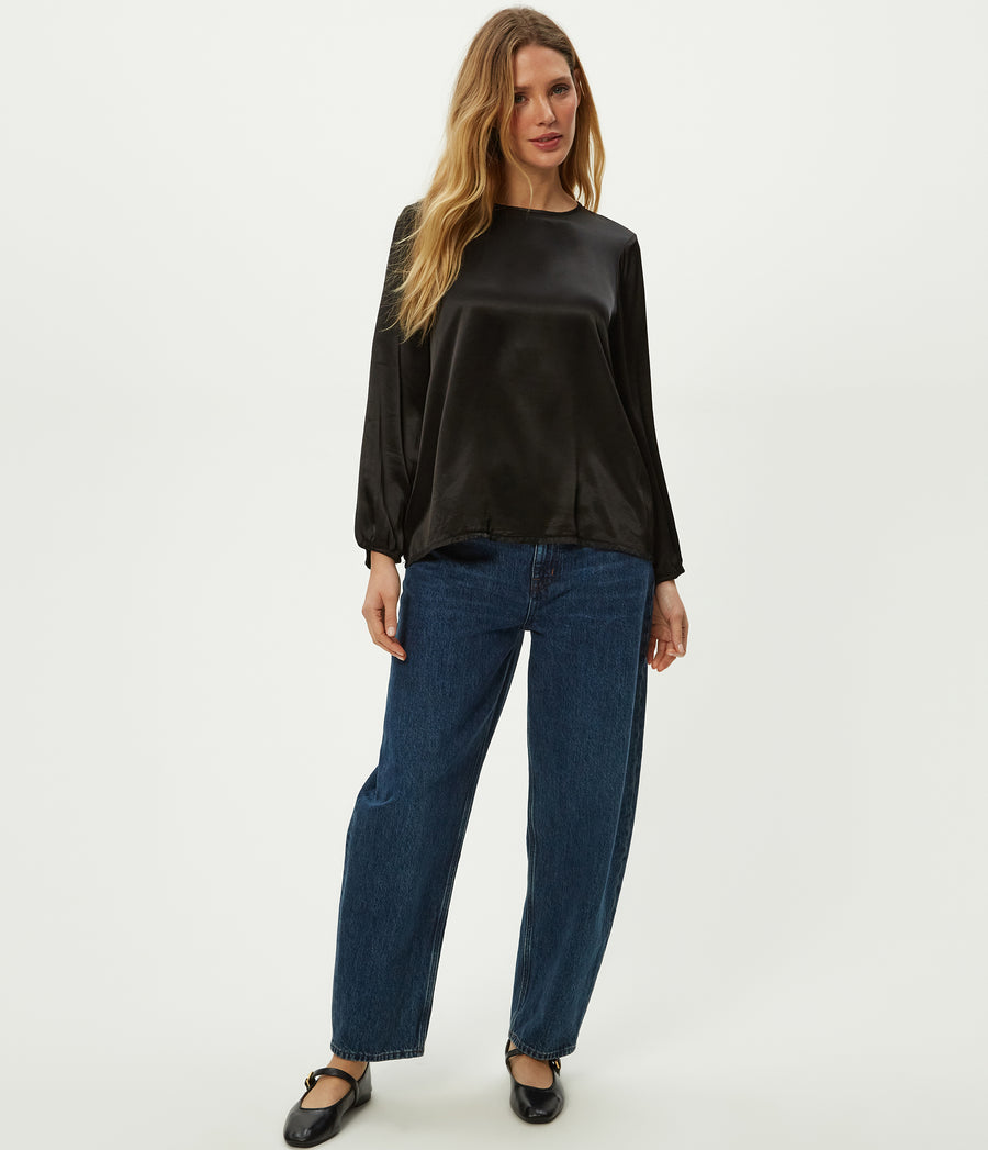 Lali Satin Crewneck Top in Black Full Body View #BLACK