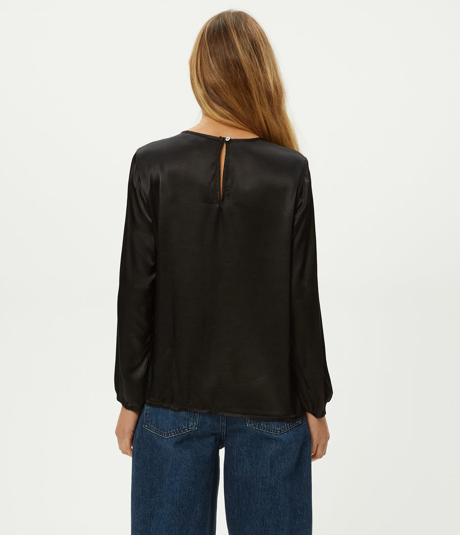 Lali Satin Crewneck Top in Black Back View #BLACK