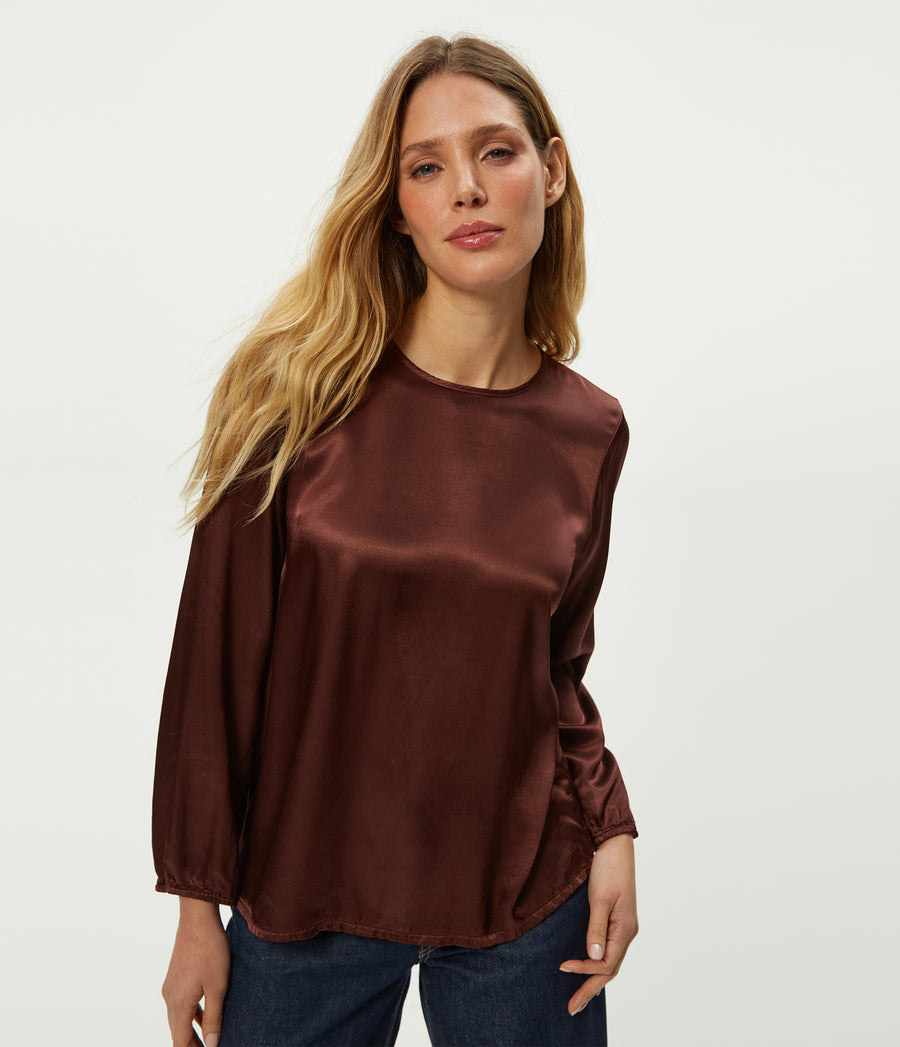 Lali Satin Crewneck Top in ESPRESSO Brown Close Up View #ESPRESSO