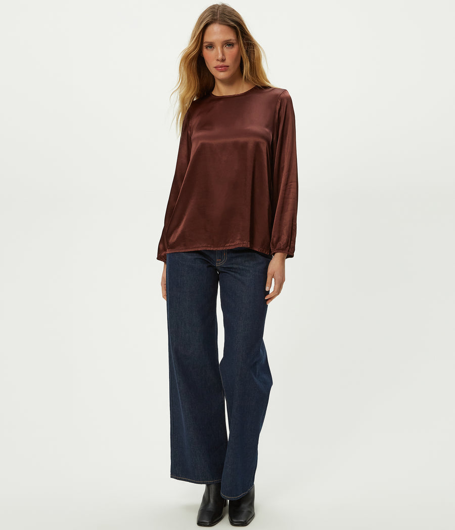 Lali Satin Crewneck Top in ESPRESSO Brown Full Body View #ESPRESSO
