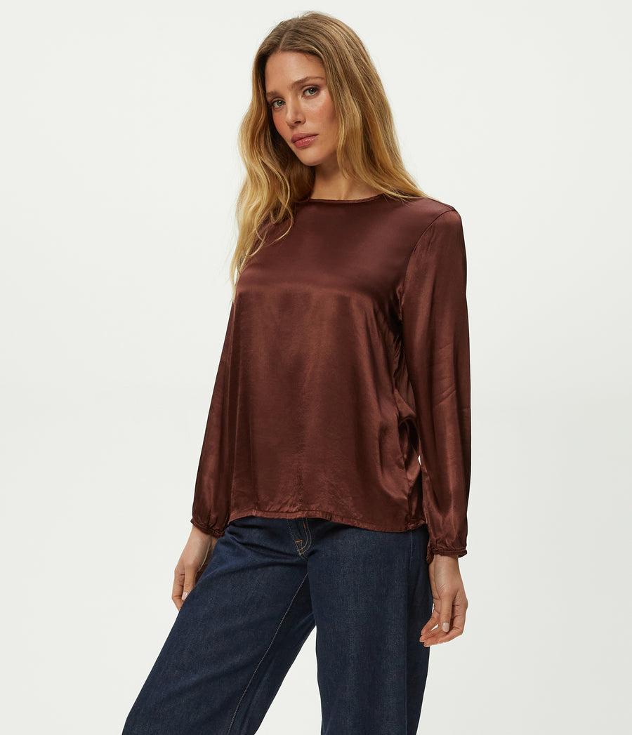 Lali Satin Crewneck Top in ESPRESSO Brown Side View #ESPRESSO