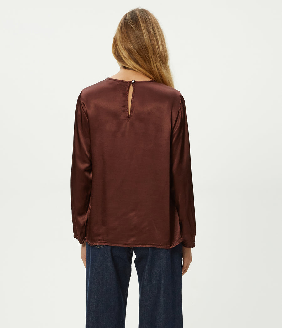 Lali Satin Crewneck Top in ESPRESSO Brown Back View #ESPRESSO