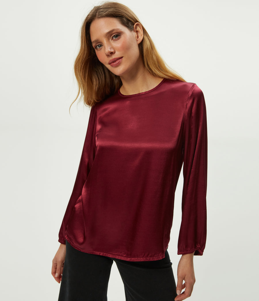 Lali Satin Crewneck Top in Garnet Red Close Up View #GARNET