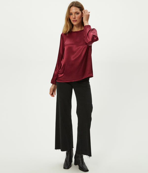 Lali Satin Crewneck Top in Garnet Red Full Body View #GARNET