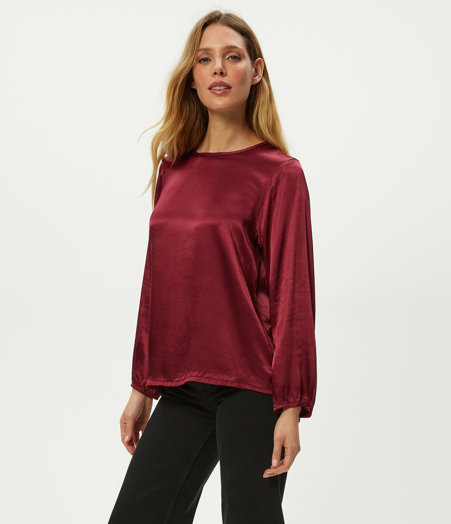 Lali Satin Crewneck Top in Garnet Red Side View #GARNET