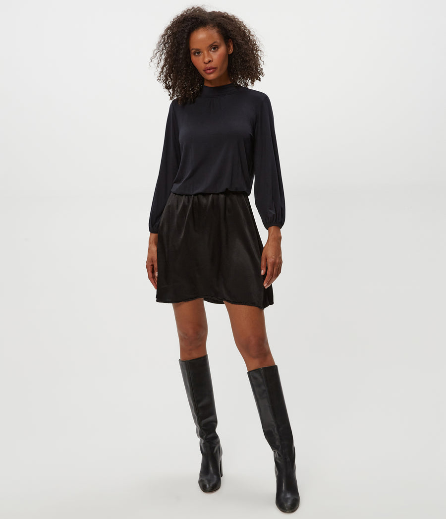 Myla Mixed Fabric Satin Mini Dress in Black Full Body View #BLACK