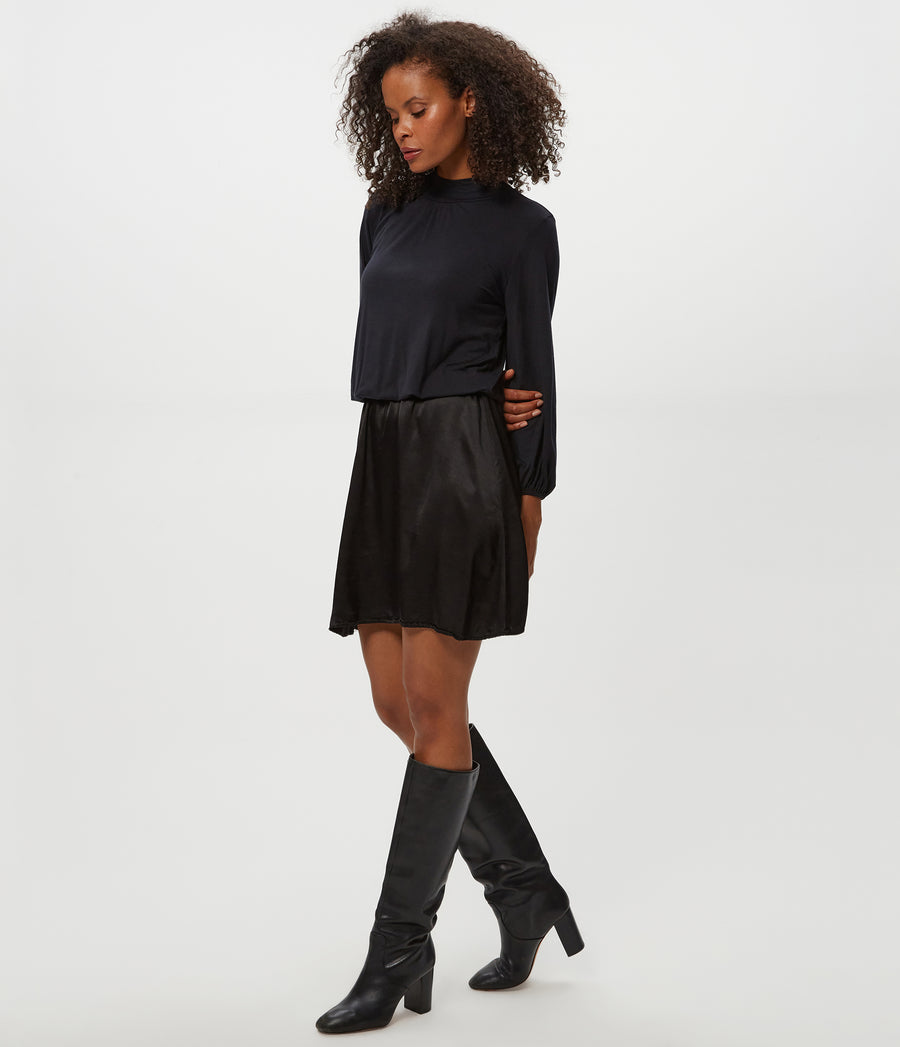 Myla Mixed Fabric Satin Mini Dress in Black Side View #BLACK