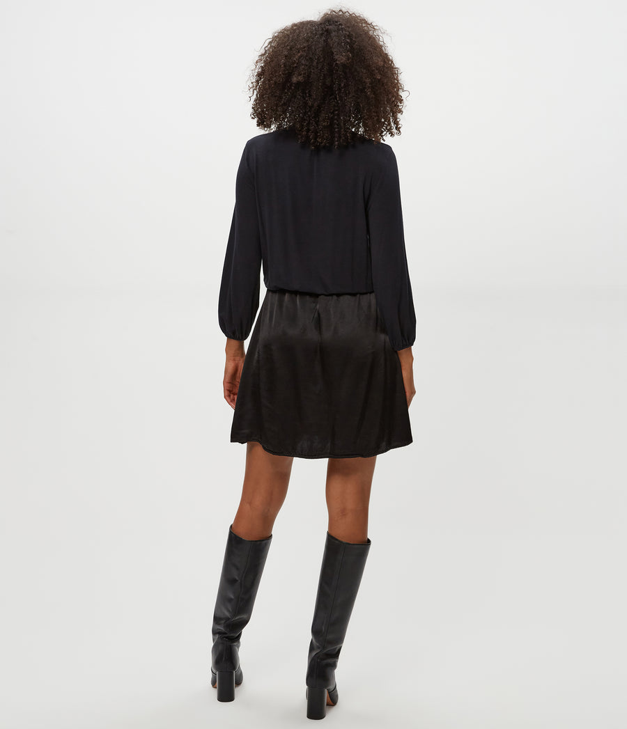 Myla Mixed Fabric Satin Mini Dress in Black Back View #BLACK
