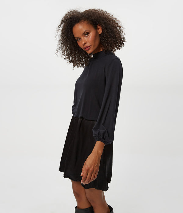 Myla Mixed Fabric Satin Mini Dress in Black Close up View #BLACK