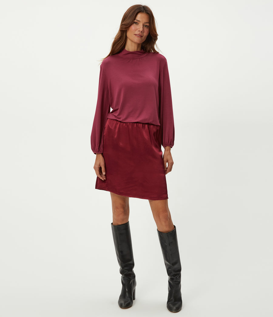 Myla Satin Mini Dress in Garnet Red Full Body View #GARNET