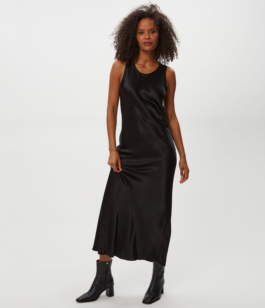 Racine Satin Maxi Dress in Black Close up View #BLACK