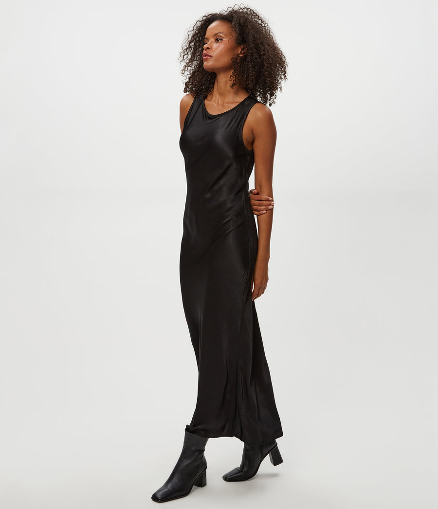 Racine Satin Maxi Dress in Black Side View #BLACK