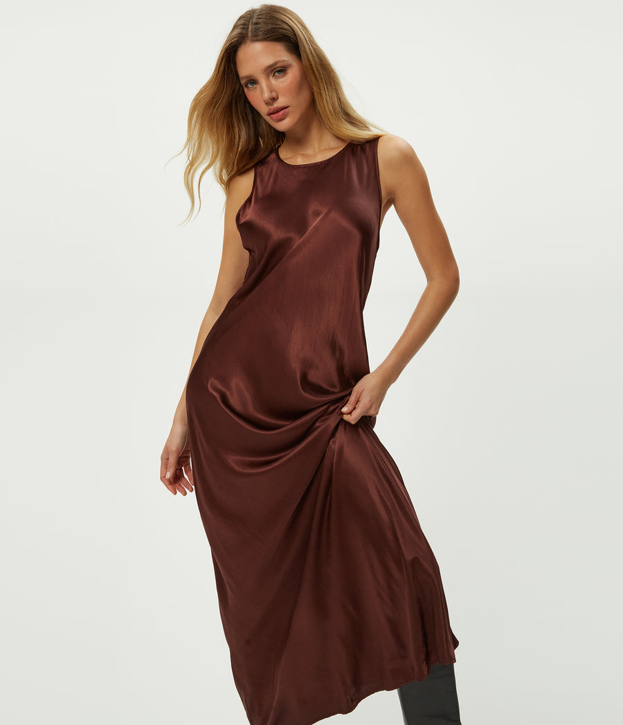 Racine Satin Maxi Dress in ESPRESSO Brown Close Up View #ESPRESSO