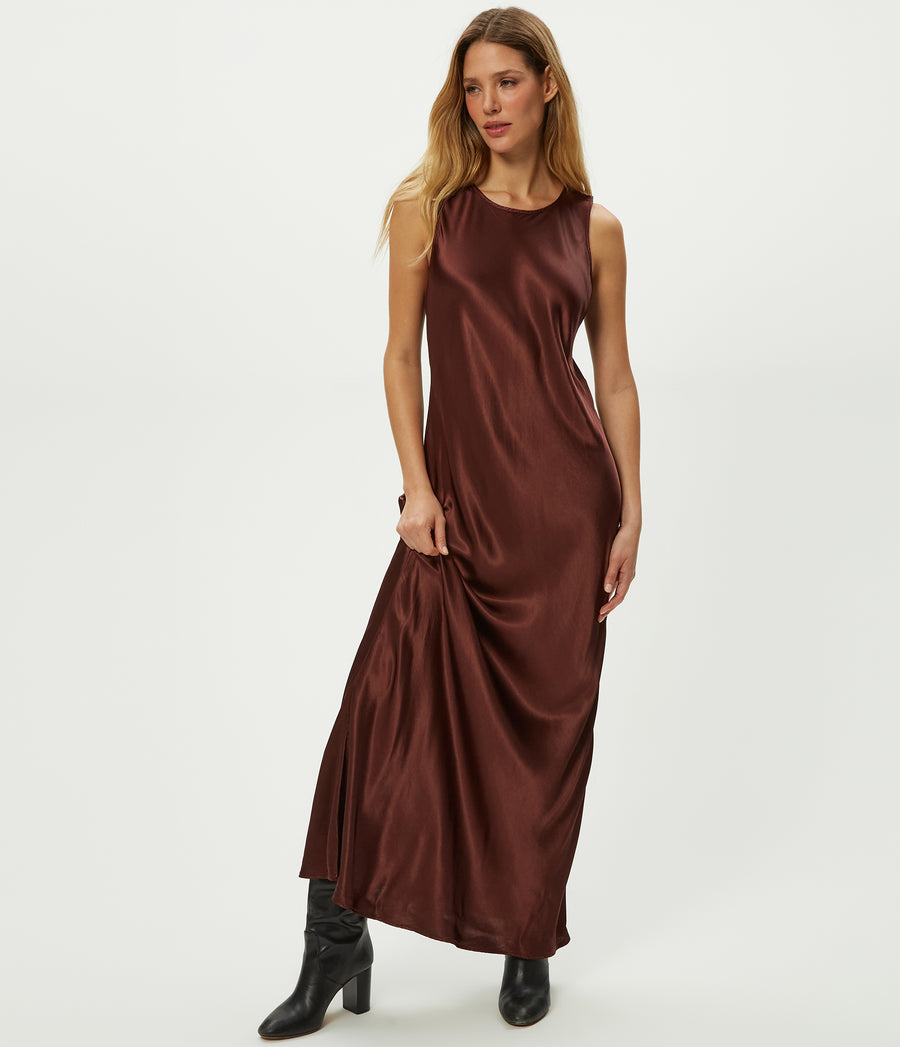 Racine Satin Maxi Dress in ESPRESSO Brown Full Body View #ESPRESSO