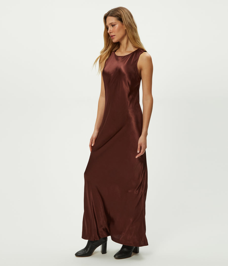 Racine Satin Maxi Dress in ESPRESSO Brown Side View #ESPRESSO
