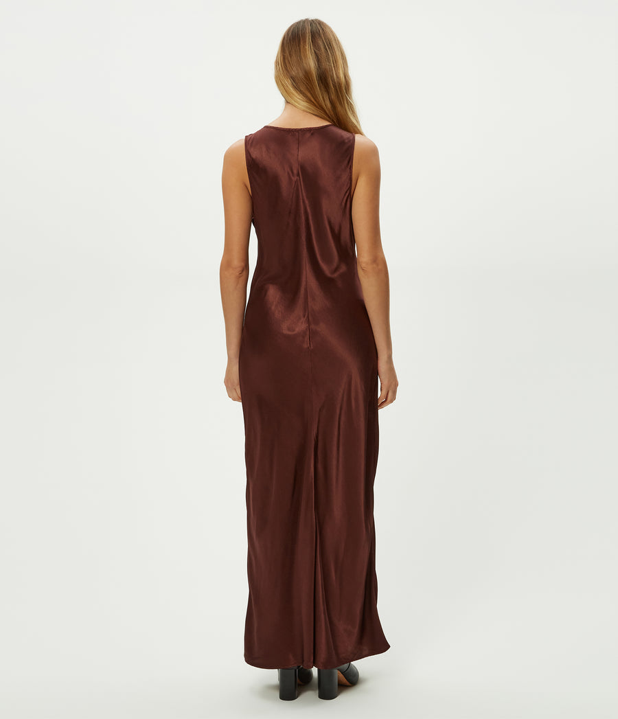 Racine Satin Maxi Dress in ESPRESSO Brown Back View #ESPRESSO