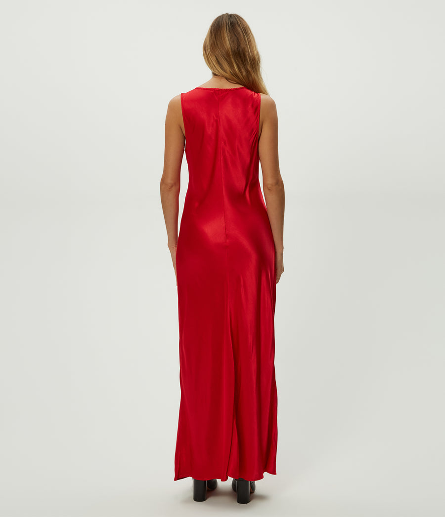 Racine Satin Maxi Dress in POPPY RED Back View #POPPY
