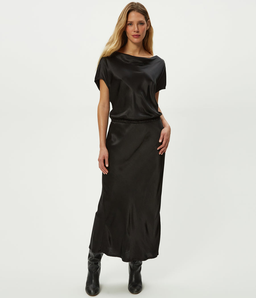 Karter Satin Midi Dress in Black Close up View #BLACK