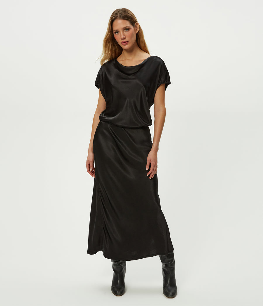Karter Satin Midi Dress in Black Full Body View #BLACK
