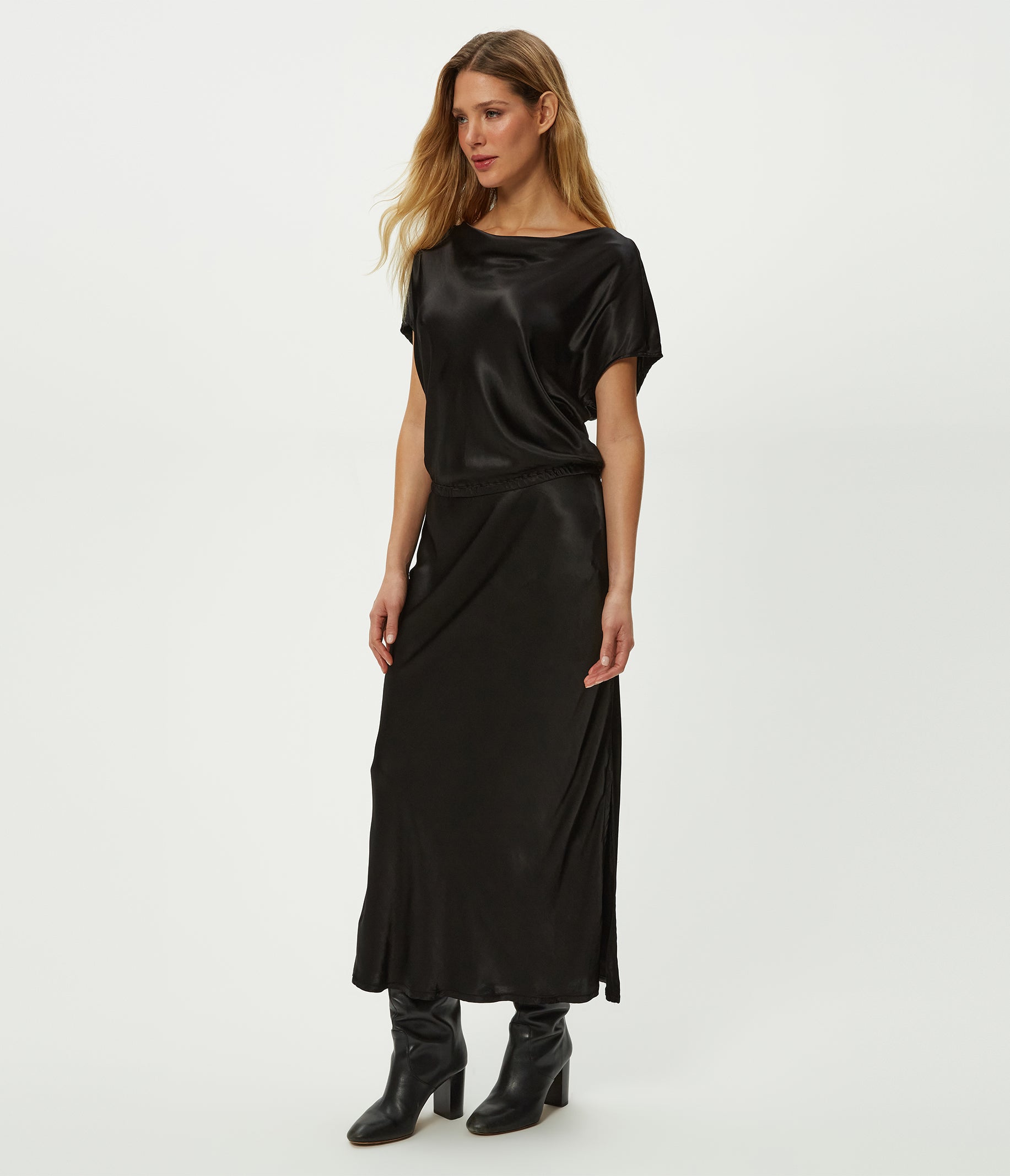 knee length dresses for ladies Nefertiti Midi Dress In Black Satin – St Frock main image 1