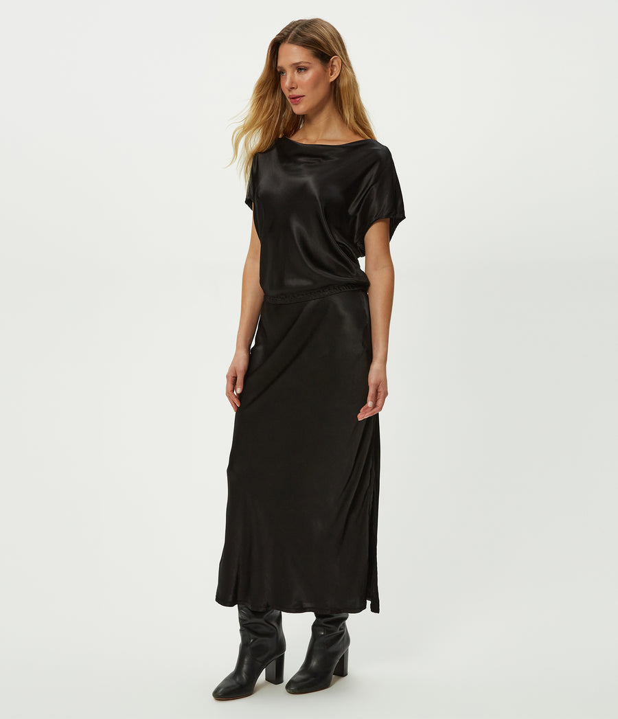 Karter Satin Midi Dress in Black Side View #BLACK