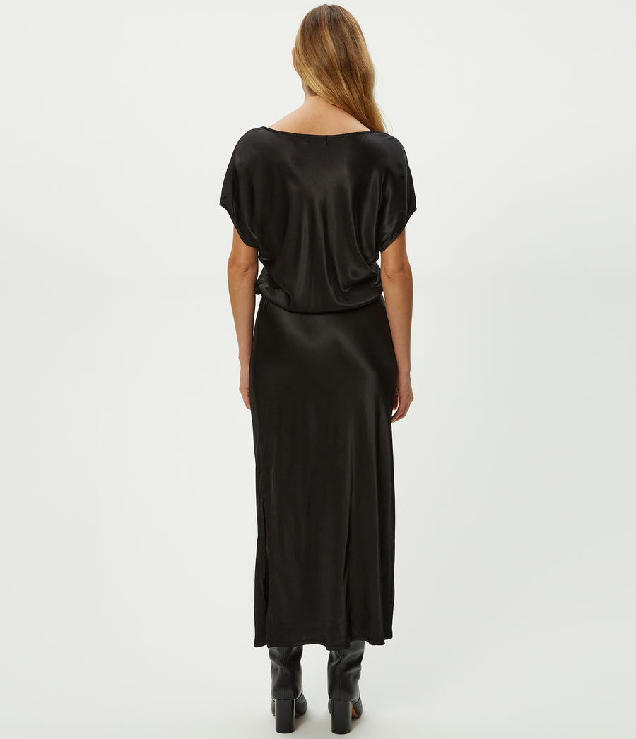 Karter Satin Midi Dress in Black Back View #BLACK