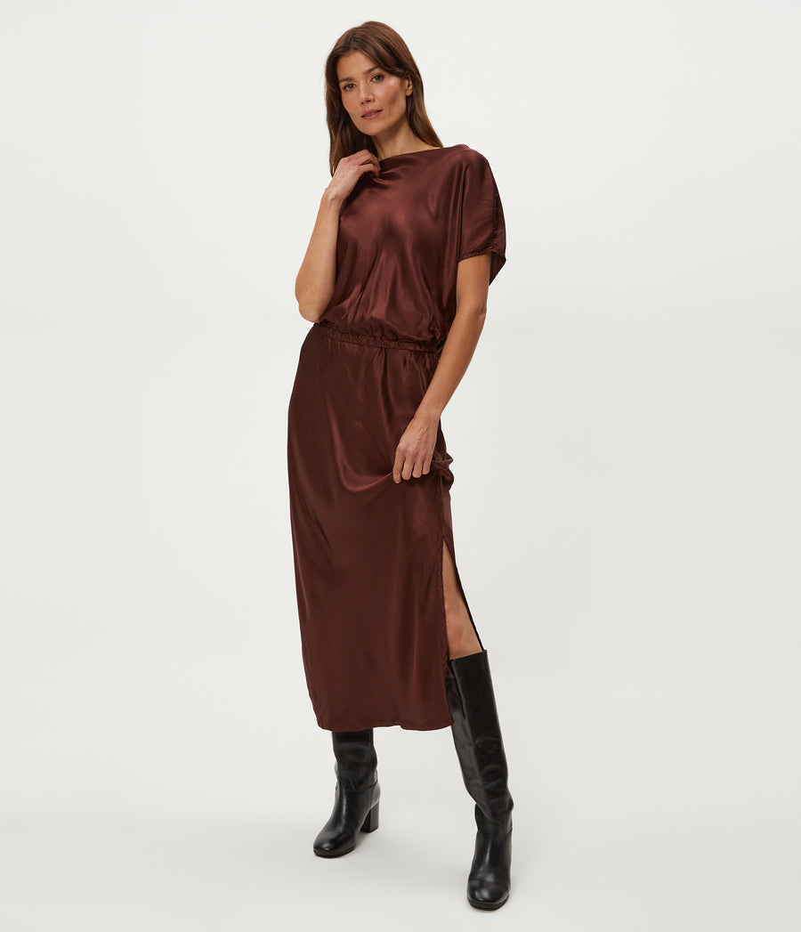 Karter Satin Midi Dress in ESPRESSO Brown Close Up View #ESPRESSO
